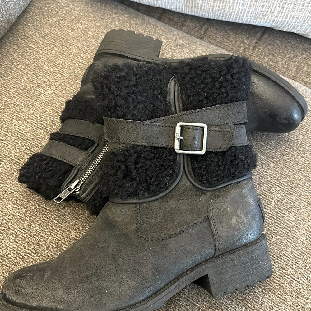 UGG BLAYRE III LEATHER WOOL BLACK FULLY LINED ANKLE MID ZIP BOOTS SIZE‎ 6…
